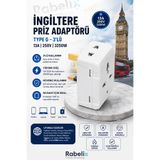 Rabelix Online Marketing İngiltere Priz Adaptörü Type G 3'lü 13A 250V 3250W UK Priz Dönüştürücü Seyahat Adaptörü Dubai Hong Kong Uyumlu
