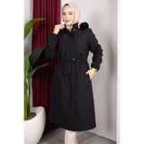 Rabia Zülal Çıkarılabilir Kapşonlu Kürklü ve İçi Welsoft Astarlı Tesettür Mont 110cm - Siyah