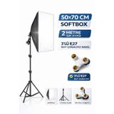 Rabsev Softbox 50x70Cm Sürekli Işık Seti 2 Metre Ayaklı 3'lü E27 Duylu Ürün Fotoğraf Çekim Işığı Softbox3DuyluTekli2