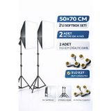 Rabsev Softbox İkili Set 50x70Cm Sürekli Işık Seti 2 Metre Ayaklı 3'lü E27 Duylu Ürün Fotoğraf Çekim Işığı Softbox3DuyluSet22