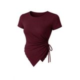 RABTEKS Bordo Yuvarlak Yaka Drape Detaylı Kısa Kollu Tesettür Uyumlu Yumuşak Dokulu Doğal Mikro Bluz