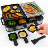 Raclette 8 Kişilik Set - Masa Izgarası ve Izgara Plakası ve Taş Tabak Fonksiyonlu - Tava ve Kazıyıcı Dahil - 1400 Watt - Kare - Siyah