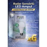 Radar Sensörlü Led Ampul 9 Watt Beyaz Işık 6500K Otomatik Yanan E27 Duy 6 Adet