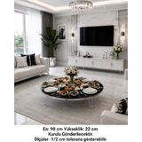 Raden Yuvarlak Gümüş Detaylı Yer Sofrası Yemek Masası Mutfak Masası - Siyah Mermer - 90 CM