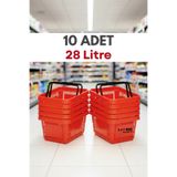 Raf Sanatı 10 Adet - 28 Litre Plastik Market Alışveriş Sepeti Saplı Dayanıklı Market Mağaza El Sepeti Kırmızı