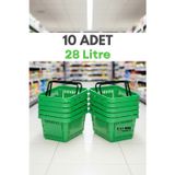 Raf Sanatı 10 Adet - 28 Litre Plastik Market Alışveriş Sepeti Saplı Dayanıklı Market Mağaza El Sepeti Yeşil