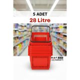 Raf Sanatı 5 Adet 28 Litre Plastik Market Alışveriş Sepeti Saplı Dayanıklı Market Mağaza El Sepeti Kırmızı