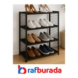 RafBurada 4 Katlı Çelik Siyah Renk Tel Kafesli Ayakkabılık Rafı 31x75x75 cm Siyah