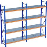 Raffar 4 Katlı 2li Bitişik Endüstriyel Depo Raf Sistemi – Hafif Yük Rafı - Çok Renkli - 80x300xH250CM