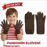 Raftan Topla Çocuk Boy Pandomim Eldiveni Beyaz Puantiyeli Kahve Renk Gösteri Eldiveni 23 Nisan 19 Mayıs