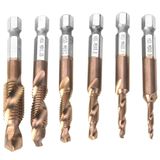 Raguso 6 ADET Dokunun Matkap Ucu Yüksek Hız Çeliği 6.35mm Hex Shank Dokunun Matkap Ucu Bileşik Dokunun M3 M4 M5 M6 M8 M10 Hex Matkap(Metric titanium-plated gold 6542 copper)