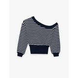 Rahat Kalıp Kayık Yaka Uzun Kollu Çizgili Crop Sweatshirt