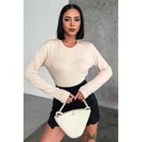 Rahat Şık Uzun Kollu Bisiklet Yaka Likralı Viskon Penye Body Bej