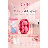 RAİR BEAUTY 16 Parça Makyaj Seti 5'li Çantalı Makyaj Süngeri, 8'li Çantalı Makyaj Fırçası Seti , 2'li Pudra Süngeri ve Yüz Taşı