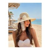 RAİR BEAUTY İthal Yüksek Kalite Fiyonklu Pembe Çiçekli Krem Hasır Şapka Plaj Şapkası Yazlık Şapka Güneş Korumalı