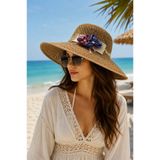 RAİR BEAUTY Yüksek Kaliteli Camel İthal Hasır Çiçek Detaylı Kadın Plaj Şapka