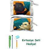 rakkun shop Ayrılmaz İkili Kediler Baskılı Ham Bez 2li Kalemlik Makyaj El Çantası
