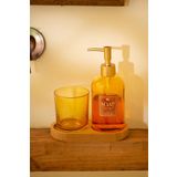 RAKLE Vina Premium Banyo Seti - Amber Cam - Sıvı Sabunluk ve Diş Fırçalık - 420cc Gold Pompalı Ahşap Stand - Banyo