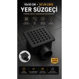 RALKEN 10x10 CM Siyah Yer Süzgeci Kare – 50'lik 360° Dönebilen Yandan Çıkışlı – Banyo, Balkon, Teras, Duş Su Gideri Mat Siyah Yer Sifonu Paslanmaz