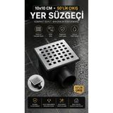 RALKEN 10x10 CM Yer Süzgeci Kare Krom – 50'lik 360° Dönebilen Yandan Çıkışlı – Banyo, Balkon, Teras, Duş Su Gideri Yer Sifonu Paslanmaz