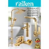 Ralken 4’lü Batarya Seti Gold Altın Pirinç Banyo Bambu Lavabo Kare Mutfak Eviye Musluğu Yağmurlama Duş Sistemi Komple Set - Gold - Altın