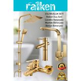 RALKEN 4’lü Batarya Seti Gold Altın Pirinç Banyo Bambu Lavabo Kare Mutfak Eviye Musluğu Yağmurlama Duş Sistemi Komple Set