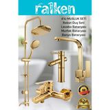 Ralken 4’lü Batarya Seti Gold Altın Pirinç Banyo Bambu Lavabo Kare Mutfak Eviye Musluğu Yuvarlak Yağmurlama Duş Sistemi Komple Set - Gold - Altın