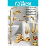 Ralken 4’lü Batarya Seti Gold Altın Pirinç Banyo Lavabo Kare Mutfak Eviye Musluğu Yuvarlak Yağmurlama Duş Sistemi Komple Set - Gold - Altın
