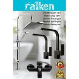 Ralken 4’lü Batarya Seti Siyah Pirinç Kare Banyo Lavabo Kare Mutfak Eviye Musluğu Yağmurlama Duş Sistemi Komple Set