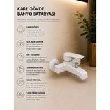 Ralken Beyaz Kare Banyo Bataryası | %100 Pirinç | Kare Tip Gövde | Aç - Kapa | Ağır Gövde | Lüx Kare Banyo Duş Musluğu