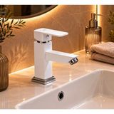 RALKEN Beyaz Kare Lavabo Bataryası | %100 Pirinç | Kare Tip Gövde | Çift Su Girişli | Aç - Kapa | %100 Pirinç Ağır Gövde | Modern Lüx Sabit Lavabo Musluğu