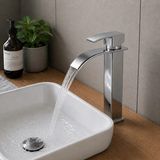 Ralken Kare Çanak Lavabo Bataryası Krom – Yüksek Musluk Şelale Akışlı Kare Gövde Modern Uzun Banyo Musluğu | Çift Su Girişli Çanak Lavabo Musluğu