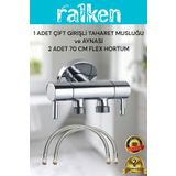 RALKEN Lüx Taharet Musluğu Seti 1 Adet Çift Girişli Taharet Musluğu & Ara Musluk ve 2 Adet 70cm Flex Hortum