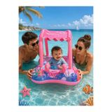 RAMEH Kare Pembe Gölgelikli Tenteli Çocuk Deniz Simiti Baby Float Bebek Deniz Simiti 0-3 Yaş Bebek Botu Pembe