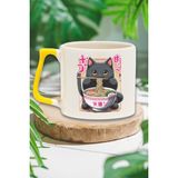 Ramen Kedi Noodle 4 Baskılı Japon Yiyecek Anime Kedi Doğum Günü Hediye Sarı Kulplu Kupa Bardak