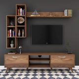 Rani A9 Duvar Raflı Tv Ünitesi Kitaplıklı Tv Sehpası Duvara Monte Raflı Modern Ayaklı 180 Cm Minyatür Ceviz M16