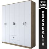 Rani BA113 Geniş Gardırop Elbise Dolabı 6 Kapaklı 2 Çekmeceli 6 Raflı 3 Askılı Sepet Ceviz - Beyaz