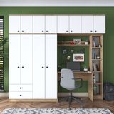 Rani BA122 Geniş Gardırop Açık Raflı Elbise Dolabı + Çalışma Masası + Kitaplık Sepet Ceviz - Beyaz 216 x 240 cm