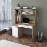 Rani HA126 Kitaplıklı 4 Raflı Kapaklı Çekmeceli Çalışma Ofis Bilgisayar Masası Sepet Ceviz - Beyaz - 120 x 146 x 50 cm
