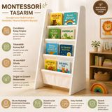 Ratemo Home Montessori Çocuk Kitaplığı - Büyük Boy Ahşap Kitap Rafı - Yıkanabilir Paraşüt Kumaş Raflı - Çocuk Odası Kitap Düzenleyici