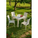 Rattan 80x80 Camsız Beyaz Masa / 4 Adet Rattan Kolsuz Sandalye Takımı Beyaz
