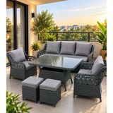 Rattan Bahçe Balkon Oturma Grubu Cam Tablalı Masa Antrasit Gri Minderli