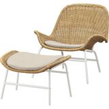 Rattan Berjer Koltuk ve Puf, Beyaz Metal Çerçeve, Doğal Rattan, Krem Döşeme - Çok Renkli