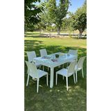 Rattan Beyaz Sandalie Camlı Masa Takımı 1 Masa + 6 Sandalye Modern Tasarım ve Konforlu Kullanım