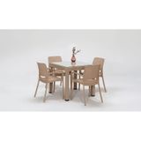Rattan Camlı Lüx 80x80 Masa Takımı 1 Masa + 4 Sandalye Cappucino Bahçe Balkon Teras Cappucino