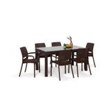 Rattan Camlı Lüx Kahve Masa Takımı 90x150 Dikdörtgen Masa+6 Sandalye Bahçe Balkon Teras Kahve