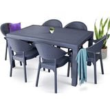 Rattan Masa Takımı 6 Kişilik Bambu Sandalye Seti Bahçe Balkon Teras Takımı 90X150 Camlı Masa - Antrasit