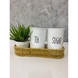Rattan Sepetli 2'li Akrilik (Plastik) Çay/şeker Saklama Kabı Çiçek Hediyeli 4'lü Kavanoz Seti - Beyaz - 900 ml