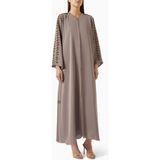 Rauaa Official Minimalist Kesim Nakışlı Abaya Konforlu V Yaka ve Uyumlu Sheila ile Şık Görünüm - Kahverengi - 56