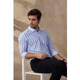RAVANELLI Çizgili Modern Slim Fit Keten Görünümlü %100 Pamuk Uzun Kol Erkek Gömlek